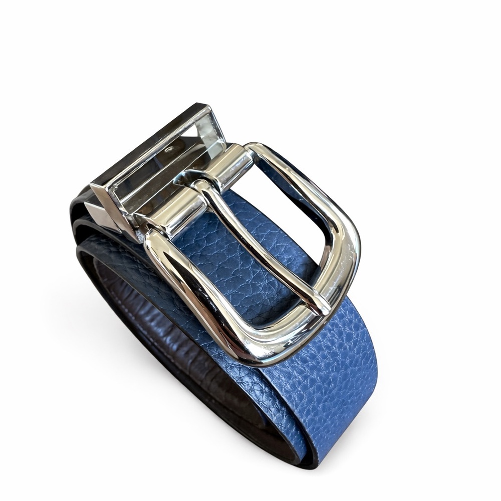 Chico’s Reversible Navy Blue & Brown Leather Belt Silver Buckle Women’s